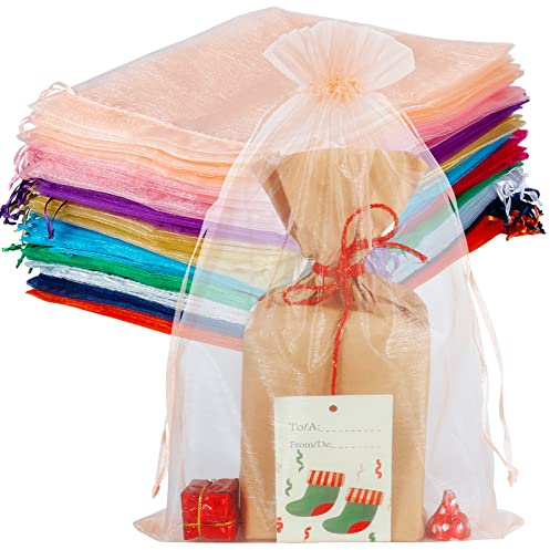 100 Stück große Organza-Beutel, 20x30 cm Netz-Geschenkbeutel mit Kordelzug, Goodie-Beutel für Weihnachtsgeschenke, Baby-Shower-Partys, Party-Gastgeschenke und Proben(Bunt)