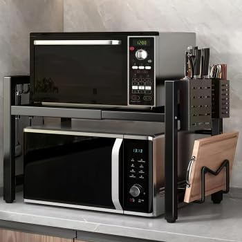 2-Stufig Erweiterbares Küchen Mikrowelle Ständer Regal,Stehend Verstellbares Mikrowellenregal,Küchenaufbewahrung Organizer,Flexibel Ausziehbar von 40- 60cm für Arbeitsplatte,Bäckereiregale,Schwarz