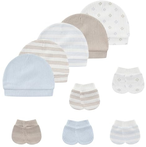 MAMIMAKA Baby Mützen Fäustlinge Set Baumwolle Beanie Caps und No Scratch Fäustlinge Handschuhe für 0-6 Monate, Hellblau und Grau gestreift, 0-6 Monate