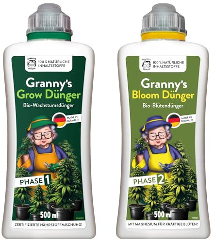 GRANNYS® SET: Bio-Grow-Dünger & Bio-Bloom-Dünger - Für beide Wachsstumsphasen der Cannabispflanze I Flüssigdünger I Bio-Dünger I Einfach und effektiv Düngen I Indoor & Outdooranbau I Mit Messbecher