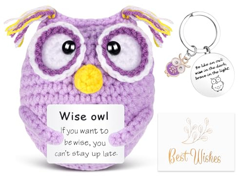 Vspek Handmade Emotion Support Owl Gift,Funny Crochet Cute Wool Doll with Positive Card Keychain Greeting Card Cheer Up Gag Friends Gifts Office Desk Fun Home Decor for Birthday Women Men Boys Girls