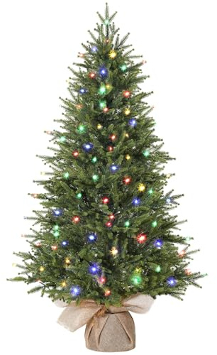 Alupssuc 4 Fuß Beleuchteter Künstlicher Mini-Weihnachtsbaum, PE-Zweige mit Sockel aus Leinensack, Farbige LED-Lichter, 12 Lichtmodi, Perfekt für Weihnachtsdekorationen, Zuhause, Küche, Esszimmer, Grün