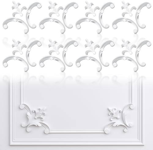 Pangda 8 Pcs Corner Wall Molding French Style Wainscoting Panels Flora Moulding Corner Panel Moulding Corners Wall Molding Kit for Frames Decor, Not Include Glue (Fleur De Lis Style)