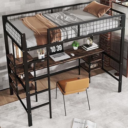 Merax Hochbett 90x200cm mit Schreibtisch & Lagerregal, Stabile Metallbett Etagenbett mit Lattenrost & Rausfallschutz, Platzsparend Stockbett Kinderhochbett Jugendhochbett, Eisen+Spanplatte, Schwarz