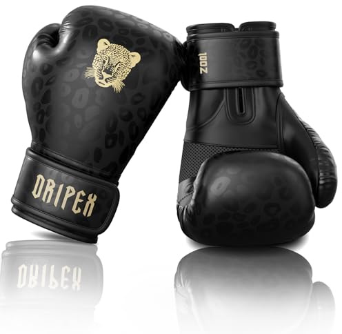 Dripex Gants de Boxe 10 oz, Gants d'Entraînement de Boxe PU Cuir, Gants Sac de Frappe Homme Femme Boxing Gloves Professionnels pour Arts Martiaux Muay Thai Kickboxing MMA Adulte Jeunes, Léopard Doré