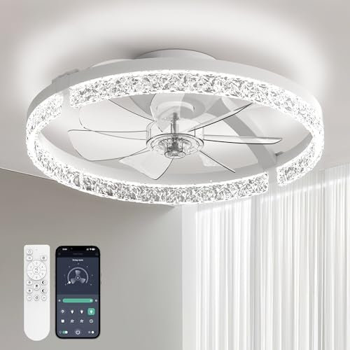 Aphyni 46cm Ceiling Fans with Lights, Low Profile Flush Mount LED Ceiling Fan with Light and Remote, 3000K-6500K Dimmable Foldable Fandelier Light 6 Wind Speeds Night Light for Bedroom, White
