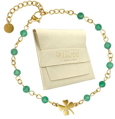 Tilove – Damen Armband aus grüner Jade Naturstein – Edelstein & Heilstein Schmuck – Kleeblatt Anhänger Edelstahl – Chakra & Glücksarmband – Verstellbar 16–21 cm – Geschenkidee für Wohlbefinden