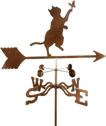 Wetterfahne, mit Katzen- und Schmetterlings-Silhouette, Windrichtungsanzeige, Edelstahl-Wetterhahn-Messwerkzeug mit Montagehalterung