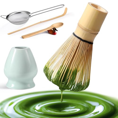 Matcha Whisk Set: Matcha Set with Bamboo Matcha Whisk and Ceramic Holder,Bamboo Scoop+Wooden Spoon,Scoop Holder,Sifter - Cute Matcha Tea Set - 6 Pcs Matcha Kit - Tools for Matchas Ceremonial Grade Kit