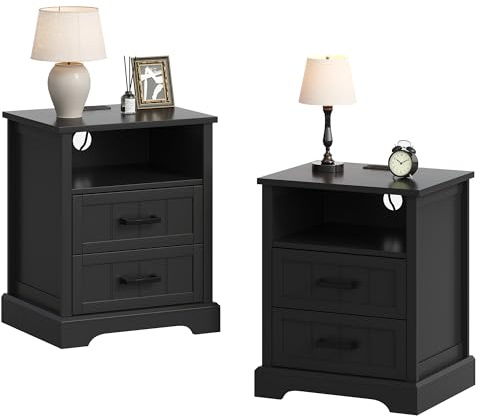 ChooChoo Farmhouse Night Stands with Charging Station 2 Drawers Set of 2 | Wood Nightstand, Bedside Table, Open Storage Shelf, Bedroom, Living Room, Black