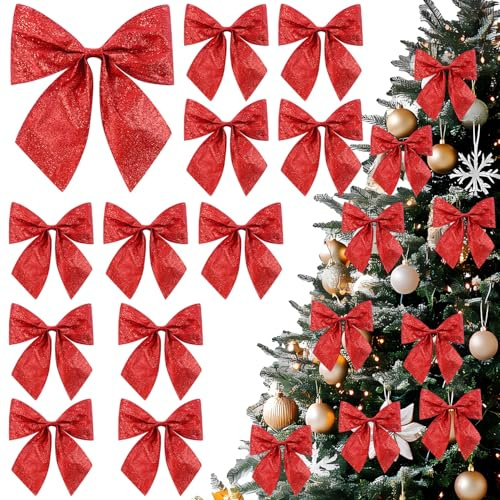 JOLCEEY 12 Stück Schleifen Weihnachtsbaum Rot, Schleife Weihnachtsbaum, Glitzer Weihnachten Bogen Dekorationen Schleifen Weihnachtsbaumschmuck für Weihnachtskranz Zuhause Christmas Party Deko