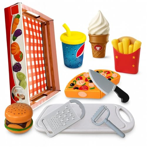 Toyana 10 PCs Kids Play Food Cutting Set for Kitchen with Realistic Pizza Burger, Desserts with Serving Tray, Pretend Play Food Cutting Board & Accessories, Educational Gift Toy for Children 3+ Years