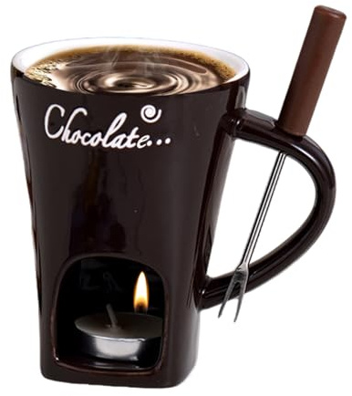 Chocolate Fondue Mug - Chocolate Melting Cup Set | Ceramic Cheese Butter Melting Cup with Fork and Candle | Portable Tea Candle Fondue Set for Cheese Dessert Candy Caramel (Coffee)