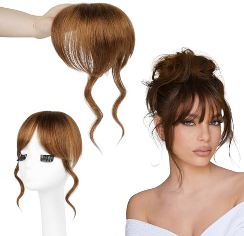 Flufymooz Clip in Bangs, Clip-In-Pony aus 100% Echthaar 30 cm langer französischer Pony mit Schläfenpartie Haarteile für Damen-Kupferrot