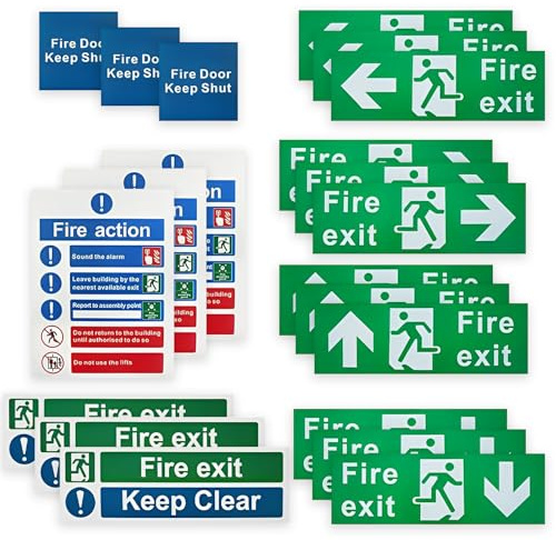 21 Pcs Fire Exit Sign Kit (Right, Left, Up, Down Arrow) High Visibility Fire Action Notice Sign Self Adhesive Vinyl Sticker Safety Signs Durable Extinguisher Signs for Commercial And Home Safety