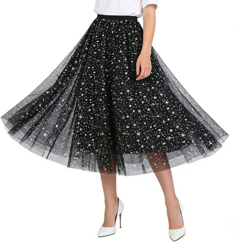 Tüllrock Damen,High Waist A-Linie Maxi Plisseerock,Damen Tüll Röcke High,Frauen Glitzer Tüllrock Lang,Tüll Röcke mit Pailletten für faschingskostüme Karneval Kostüm Halloween