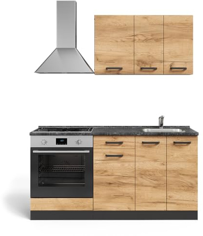 Vicco Singleküche R-Line, Goldkraft Eiche/Anthrazit, 160 cm | mit Herdumbauschrank und Spüle ohne AP, zur Integration von Elektrogeräten und Spüle vorbereitet