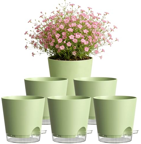 TEYIAN 15cm Self Watering Plant Pots Indoor 6 Pack Plastic Flower Pot with Drainage Holes & Saucer Indoor Modern Decorative Planters for All House Plants