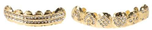 SHERCHPRY 2 Stück Strass Zahngrills Poker Design Herausnehmbare Hip Hop Zahnkappen für Damen und Herren Goldfarbener Zahnschmuck mit 6 Strass Zähnen Party und Rapper Accessoire