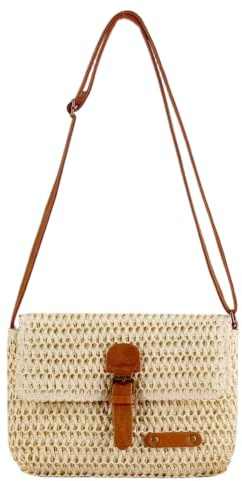HTTDSLF Bolso Bandolera de Paja para Mujer, Bolsa de Hombro de Paja para Mujer, Estilo Bohemio Bolso de Hombro Paja con Cremallera, Adecuado para Viajes a La Playa, Blanco