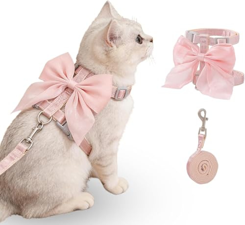 Harnais Et Laisse pour Chat, Noeud Rose Harnais pour Chat, Harnai pour Chats Anti Evasion, Convient Aux Promenades en Extérieur, pour Les Chats Pesant de 1-3,5 KG (Rose S)