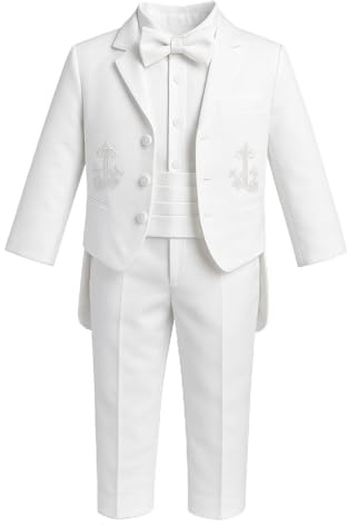 iGirlDress Baby Boys White Baptism Christening Mandarin Collar Tail 5 pcs Tuxedo with Silver Cross Embroidery (18-24 M)
