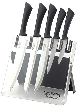 Ross Henery professional knives, 5 Piece kitchen knife set with Silver coloured blades in a clear foldable Acrylic Stand