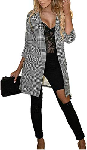 GirlzWalk @ Women Check Hounds Tooth Tartan Duster Coat Ladies 3/4 Sleeve Jacket Blazer Top