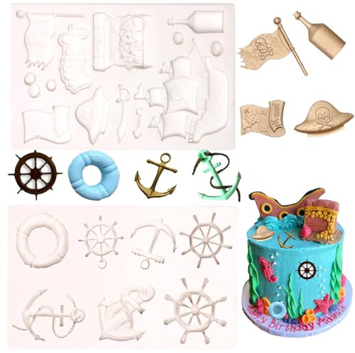 Piraten-Silikonformen, Schatztruhe, Schiff, Schokolade, Fondant, für selbstgemachte Kuchendekoration, Süßigkeiten, Zucker, Cupcake-Topper, 2 Stück