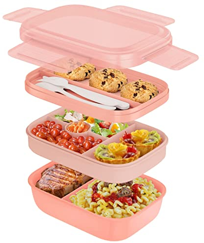 JORTINE Brotdose Lunch Box mit Fächern,1900ML Lunchbox Erwachsene mit 5 Fächern Brotzeitbox Nachhaltig,Jausenbox mit Besteck,BPA-frei Lunch Box für Erwachsene/Kinder Schule Picknick Reisen（Rosa）