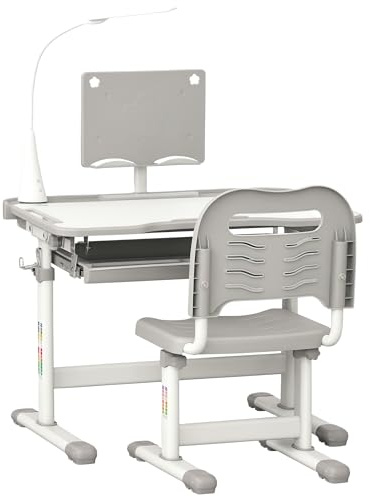 HOMCOM Kids Desk and Chair Set, Height Adjustable Study Desk with Tiltable Desktop, USB Lamp, Storage Drawer for Study, Grey