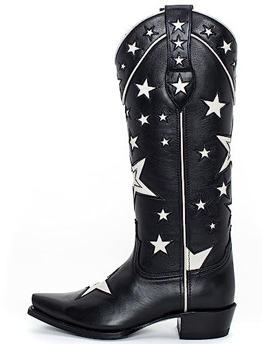 YIYA Star cowboystövlar för kvinnor, svarta och vita stjärnor cowgirlstövlar med vita stjärnor, spetsig tå, tjock låg klack, västerländska broderade stövlar, Svart stjärna svart, 40 EU