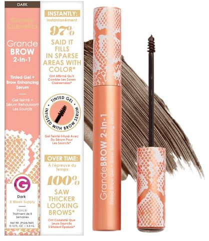 Grande Cosmetics GrandeBROW 2-in-1 Tinted Brow Gel + Brow Enhancing Serum for Thicker & Darker-Looking Eyebrows, Shape & Fill Brows, with Castor Oil & Mini Fibers - Dark, Full Size (0.12 fl oz)