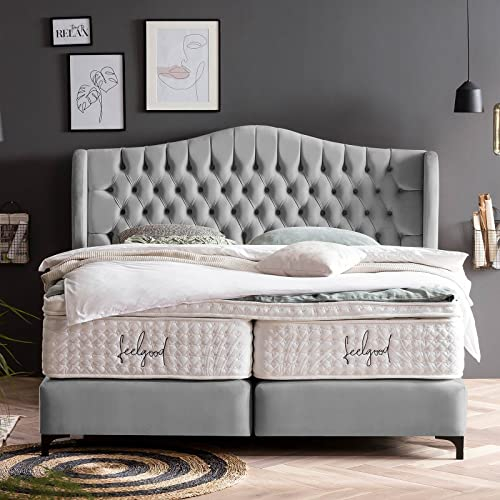 Boxspringbett Maison 140x200 Velours, ohne Visco-Topper, Hotelbett, ohne Bettkasten, 7 Zonen Taschenfederkern-Matratzen, Aufbau KOSTENLOS (Grau, 140x200 cm ohne Topper)