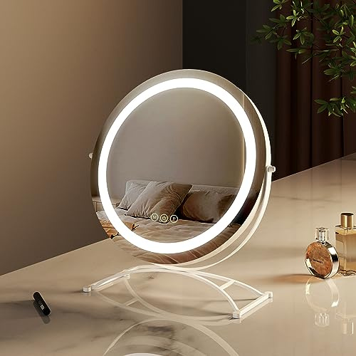 EMKE Schminkspiegel mit Beleuchtung, Φ50CM Smart-Touch Schminktisch Spiegel mit 3 Lichtfarben, Hollywood Spiegel Einstellbare Helligkeit mit Memory-Funktion, 360° drehbar- Weiß
