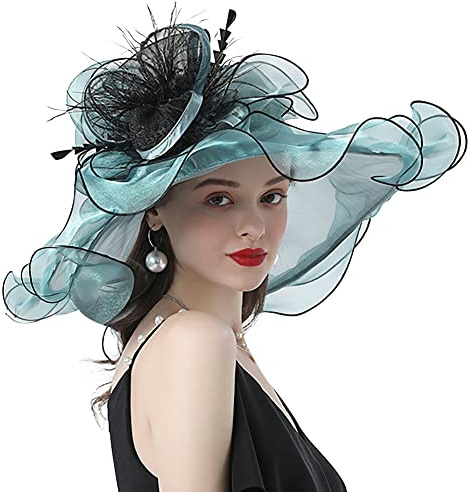 ITODA Fascinator Damen Organza Hut Blumen Feder Sonnenhut Kirche Hochzeit Frauenorganza Elegant Sommerhut Sonnenschutz Strandhut Breit Krempe Organzahut Mesh Damenhut Cocktail Party