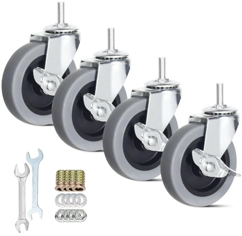 Caster Wheels, 4 Inch Heavy Duty Casters Threaded Stem Casters No Noise Swivel Casters Set of 4 Locking Castor Wheels for Funiture, Workbench, Carts (M8-1.25×25mm, 4 Inch)
