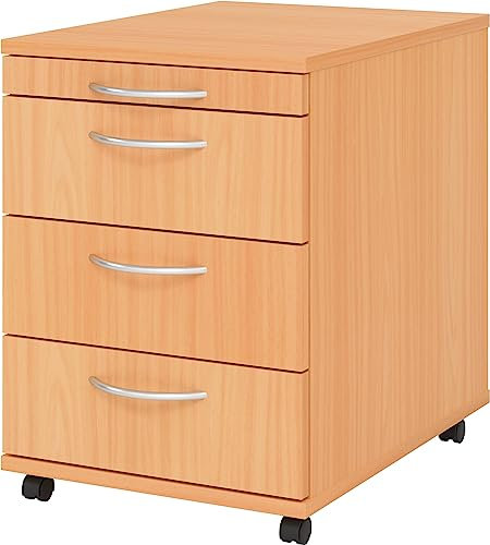 bümö Basic Rollcontainer mit Schubladen, Container aus Holz in Buche - Rollwagen für's Büro als Schreibtisch Unterschrank, Bürocontainer od. Schreibtischcontainer mit Bogengriffe