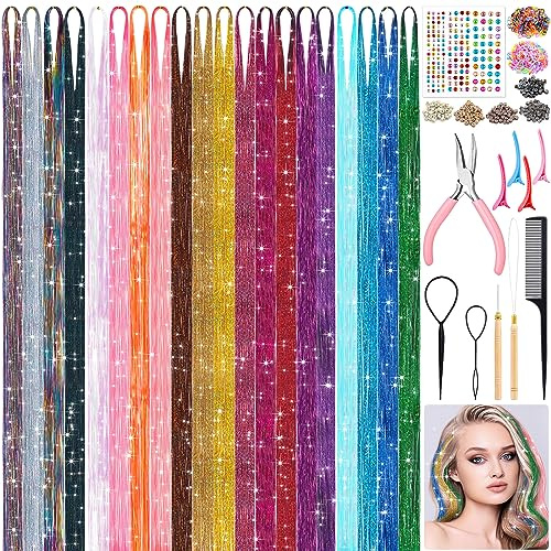 20 Colors Fairy Hair Tinsel Kit 4000 Glitter Strands 48Inch Heat Resistant Tinsel Hair Extensions Sparkling Shiny Highlights Hairs Tinsels with Tools for Christmas Halloween New Year Cosplay Party
