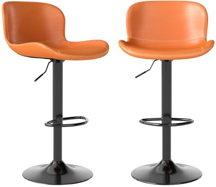 Youhauchair Bar Stools Set of 2, PU Leather Counter Height Barstools with Back, Height Adjustable Swivel Bar Chairs, Modern Armless Kitchen Island Stool, Orange
