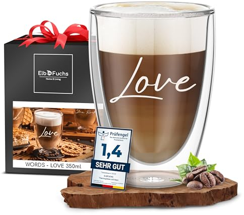 ElbFuchs Vetro per latte macchiato a doppia parete | Amore | 1 x 350 ml [regalo per PAPA] ideale come bicchiere termico per cappuccino | bicchieri da