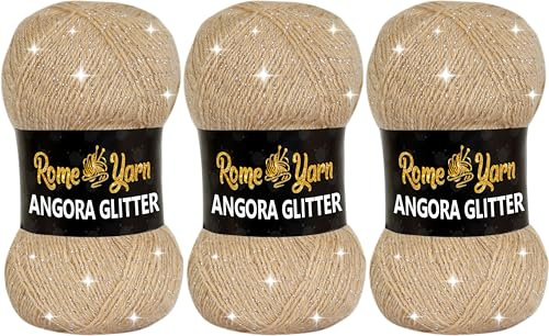 Rome Yarn Angora Glitter | 3 x 100g | Glitzerwolle | Wolle mit Glitzer | Metallic Simli Garn zum Stricken und Häkeln & Kleidung Effektwolle Strickwolle (837 Beige)