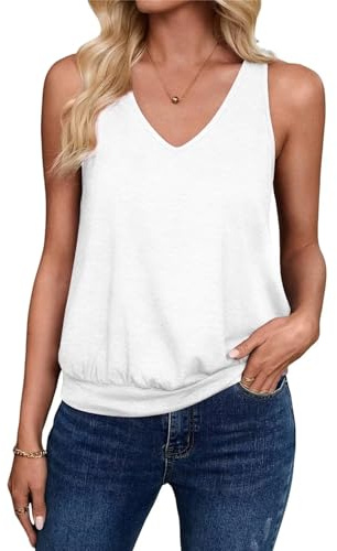 Sialois 2026 Womens Fashion Tank Tops Banded Bottom Spring Summer Clothes Casual V Neck Sleeveless Solid Color Beach Vacation Loose Fit Cute Y2K Outfit Basic Cami Shirts,White,Large Size