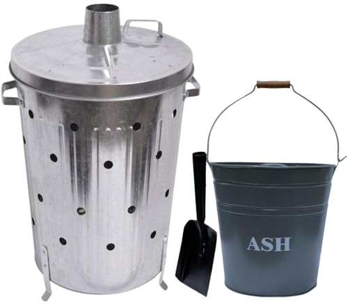 Trendi 90 Litre Extra Large 90L Galvanised Metal Incinerator + Shovel Recycle Garden Rubbish Fire Wood Burner Burning Leaves Hot Ash Bucket Coal & Box Lid (90L Inci + Grey Ash Bucket & Shovel)
