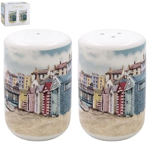 Salt & Pepper Shaker Set Mills Ceramic Sandy Bay Beach Seaside Coastal Design