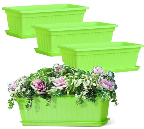 BSTMOME Confezione da 4 fioriere rettangolari per finestre, in plastica, per verdura, fiori, vasi da giardino con vassoio, per davanzale, patio, giardino, decorazione per la casa, portico, balcone