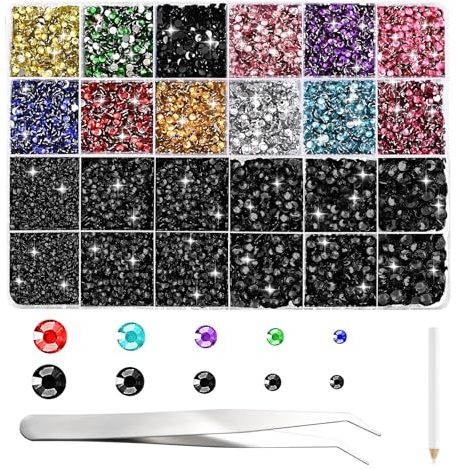 NACHLYNN 35700 Stück Set Mit Strasssteinen aus Kunstharz Bunt und Schwarz Flache Runde Jelly Strasssteine Mit Pinzette 2-6 mm Schillernde Nicht Aufklebbare Kristallsteine