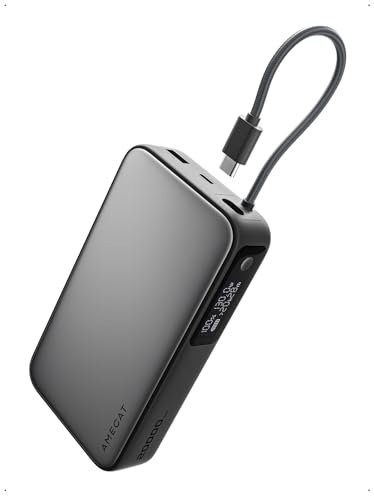 AMEGAT 20000mAh Batterie Externe avec Câble USB C Intégré, Charge Rapide PD3.0 100W (1 Port) / 130W (2 Ports) Chargeur Externe PC Portable, Ordinateur PowerBank pour MacBook Pro Air iPad iPhone, Gris
