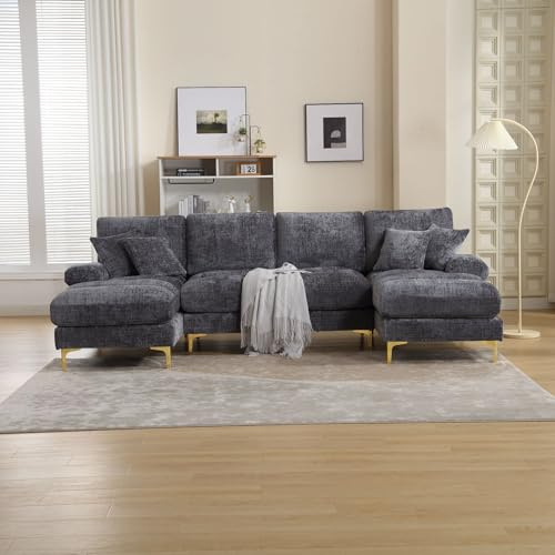 Sapgaks Großes modulares Sofa, modern, U-Form, Doppelschlafcouch, beliebig zusammenbaubar, Chenille-Stoff, ausziehbar, extra groß, für Wohnzimmer, Grau