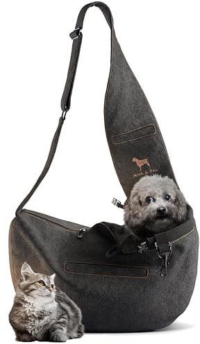 Noah & Paw Hundetragetasche für Kleine Hunde bis 10kg, Hundetasche mit Verstellbarem Schultergurt, und Weichem Fell, 3X Sicherheitsfunktion, Haustiere Tragetasche aus Premium Denim